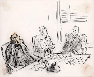 No caption (Three men sitting around desk)