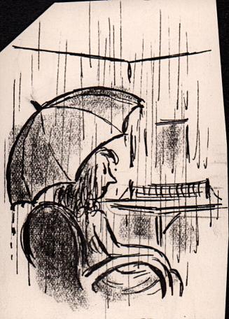 No caption (woman with umbrella - raining inside rec. room)