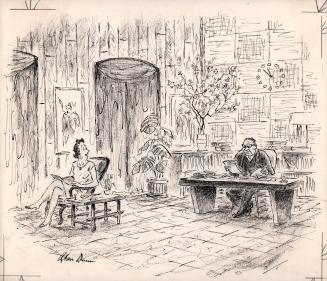 No caption (man at desk - woman in chair)