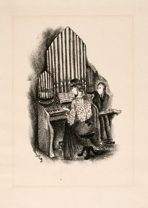 New England Sunday  (woman playing organ-man seated at her side)