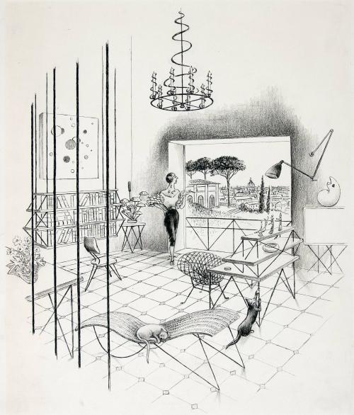 [Woman in living room looking at Italian cityscape]