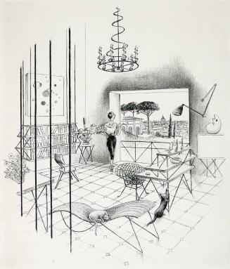 [Woman in living room looking at Italian cityscape]