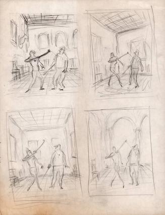 Two men fencing (four roughs on one sheet)