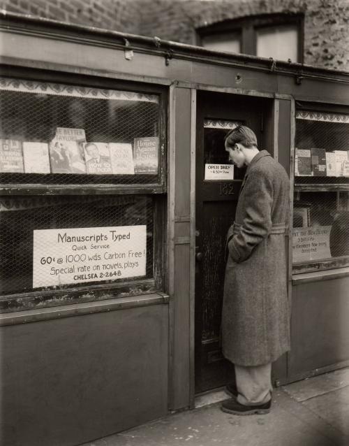 "Manuscripts Typed" in this tiny triangular Bookshop on Seventh Avenue, South, c. 1948
