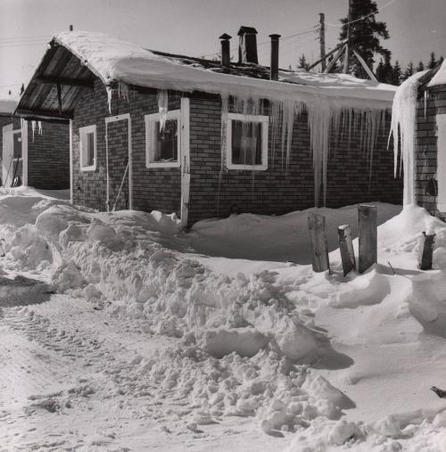 A lumber camp in winter