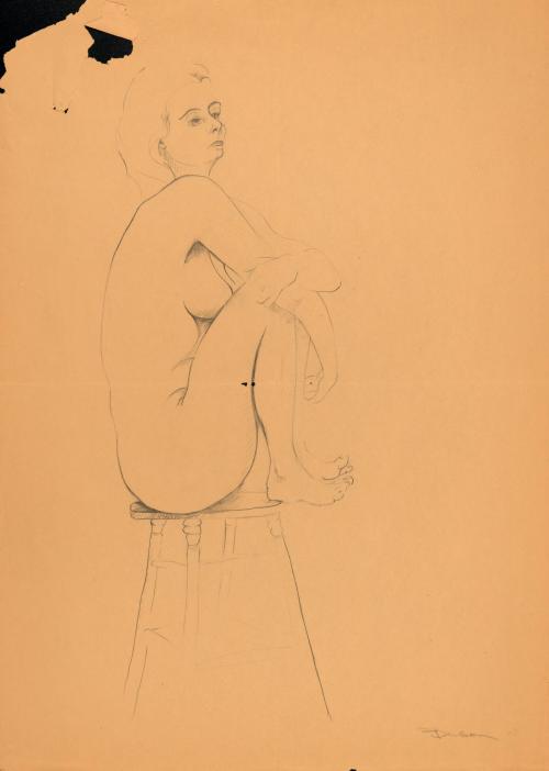 [Nude woman on stool]